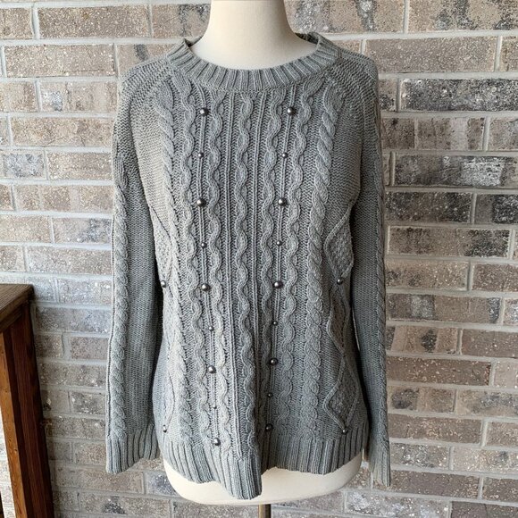 RELATIVITY Sweater Bobble Cable Knit Accent Grey Long Sleeve Large L Gray Women - Picture 2 of 7